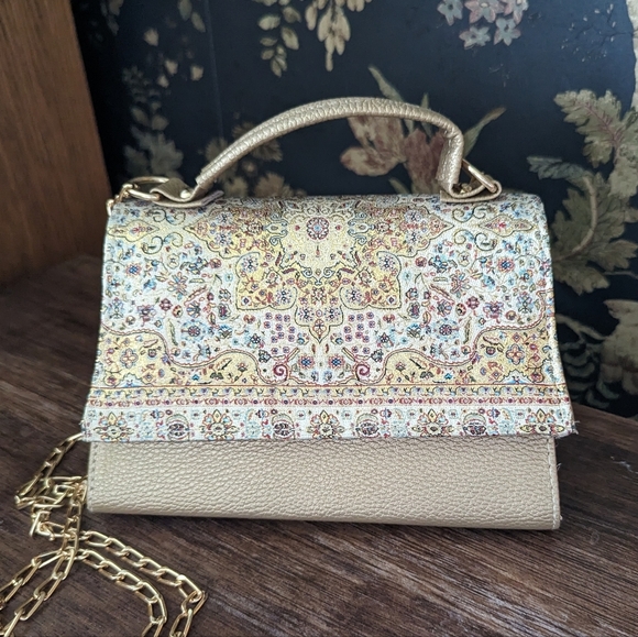 Vintage Handbags - Vintage Turkish Rug Inspired Mini Crossbody Gold Chain Handbag Golden Pastel